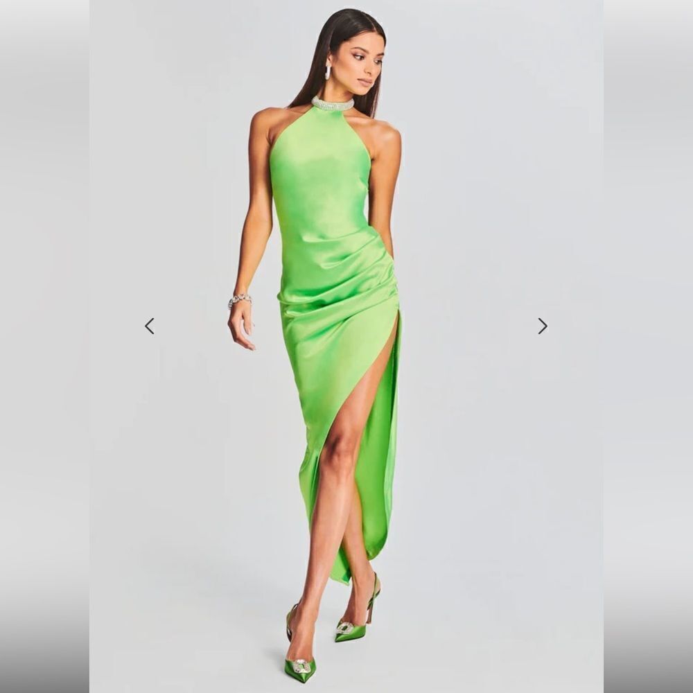 Retrofete Maria Dress Satin Crystal Choker High Slit Maxi Gown Party $475 M